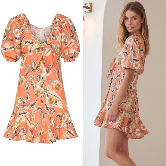 Kivari Bonny Tie Bust Mini Dress Tropical Print Linen puff sleeve US 10 - Picture 1 of 14